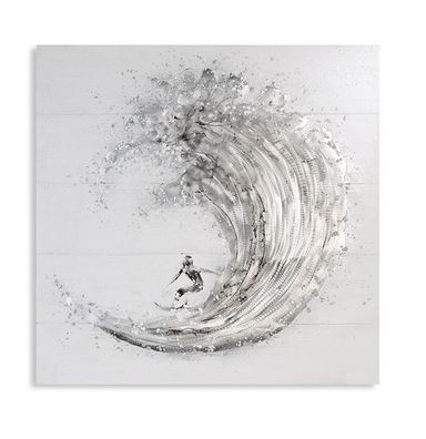 31976 Ölbild Surfer Leinwand weiß grau Silber Wellenreiter Aluminium Applikation
