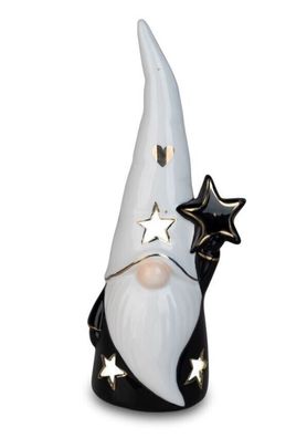 734716 Deko-Figur Zwerg Schwarz-Weiß mit LED-Licht + Timer 22cm aus Steingut