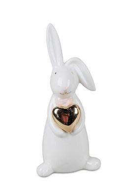 792259 Hase mit Herz Weiss-Gold 8 x 18cm aus glasiertem Porzellan gefertigt