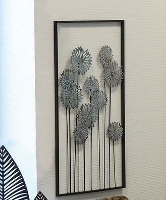 74684 Wand-Deko Flowers dunkelbrauner Rahmen Blätter silber Metall 62 x 31 cm
