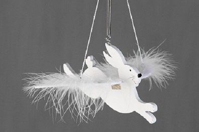 51676 Flying Rabbit aus Holz weiß mit Federflügeln 18cm