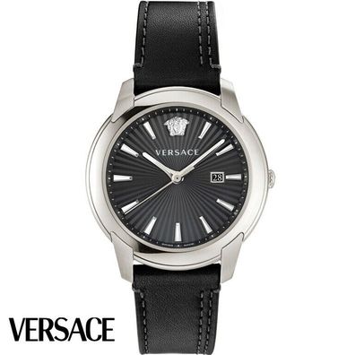 Versace VELQ00119 V-Urban silber schwarz Leder Armband Uhr Herren NEU