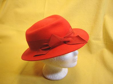 schöner schmaler Damenhut Haarfilz rot Bandgarnitur Schleife DH309