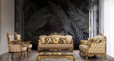 Goldene Sofagarnitur Barock Rokoko Set Komplett Couch Sofa 5tlg. Neu
