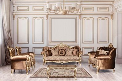 Goldene Samt Couch Set Chesterfield Sofagarnitur Sofa Möbel Holz 5tlg