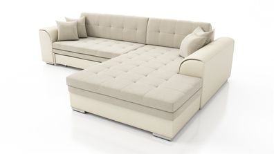 Couchgarnitur SARRA Creme-Dunkelbeige mit Schlaffunktion Ottomane Rechts