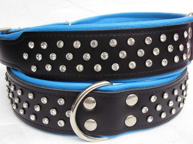 Halsband - Hundehalsband, Halsumfang 44-50cm, LEDER + Kristallen Schwarz/ Blau