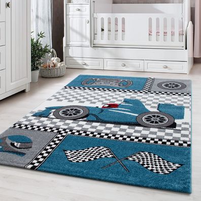 Kinderteppich Kinderzimmer Babyzimmer Rennwagen Design Blau Grau Weiß Oeko Tex