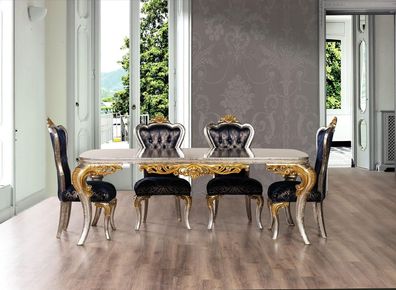Esszimmer Set Silber Gold Essgruppe Tisch + 4x Lehnstuhl Chesterfield