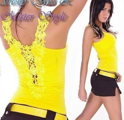 SeXy Miss Damen Spaghetti Träger V-Top Girly Spitze Stickerei Rücken XS/ S Neu gelb