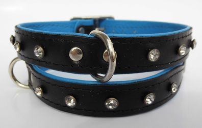 HUNDE Halsband - Halsumfang 29-33cm, Leder + Kristallen Schwarz-Blau jk