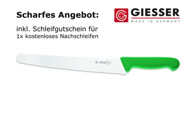 Giesser Messer Brotmesser Universalmesser Konditormesser 25 cm Welle 6 mm grün