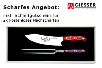 Giesser Messer PremiumCut 2er Set 20cm Chefs + Fleischgabel Acryl Red Diamond