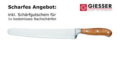 Giesser Messer Brotmesser BestCut 25 cm geschmiedet scharf 6 mm Welle Olivenholz