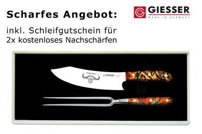 Giesser Messer PremiumCut 2er Set 20cm Chefs + Fleischgabel Acryl Spicy Orange
