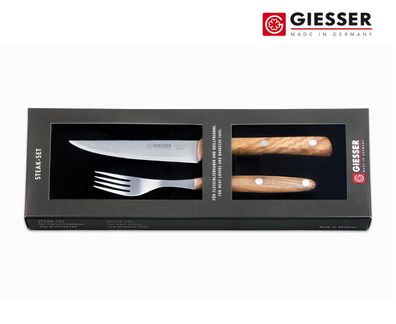 Giesser Messer Steakbesteck Steakmesser Steakgabel 2er Set Rostfrei Olivenholz