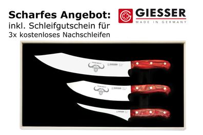 Giesser Messer PremiumCut 3er Set BBQ Messer 30cm 20cm 17cm Acryl Red Diamond