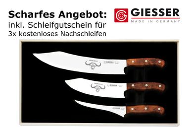 Giesser Messer PremiumCut 3er Set BBQ Messer 30cm 20cm 17cm Thujaholz Braun