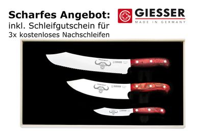 Giesser Messer PremiumCut 3er Set BBQ Messer 25 cm 20 cm 10 cm Acryl Red Diamond