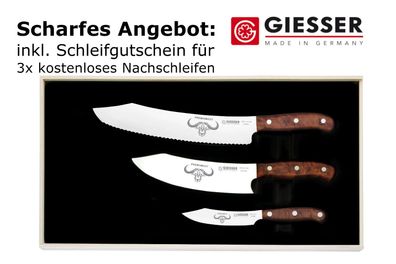 Giesser Messer PremiumCut 3er Set BBQ Messer 25cm 20cm 10cm Thujaholz Tree of