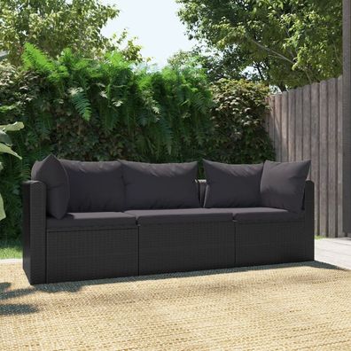 vidaXL 3-tlg. Garten-Sofagarnitur mit Auflagen Poly Rattan Schwarz