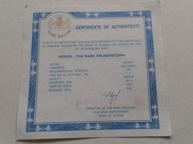 Zertifkat für 100 Rubel 1997 PP Krusenstern 1kg kilo Silber PP (proof) Krusenstern