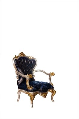 Luxus Sessel Klassischer Thron Stuhl Lehnstuhl Barock Samt Blau Gold