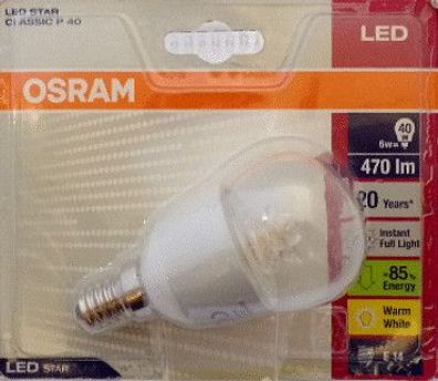 OSRAM LED Lampe Leuchtmittel Tropfen 230V 6W E14 2700K warmweiss klar 6 W = 40 W