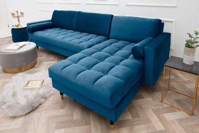 Ecksofa 260cm Ottomane beidseitig Comfort blau Samt Federkern Design Lounge