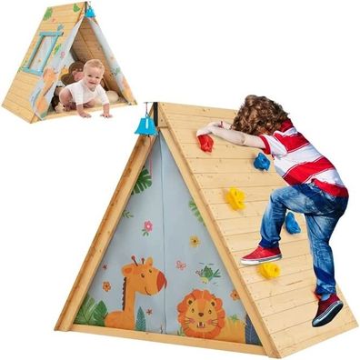 2 in 1 Kinderspielhaus mit Klettersteine, Kinderzelt Holz Spielhaus Kinder Holzhaus