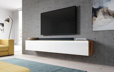 FURNIX TV Lowboard BARGO Schrank Fernsehschrank 180 cm mit LED Wotan -Weiß Glanz