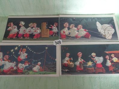 4 alte Benages Weihnachtsgrußkarten Ortiz Madrid N°251 20,5x10 cm fleißige Engelchen