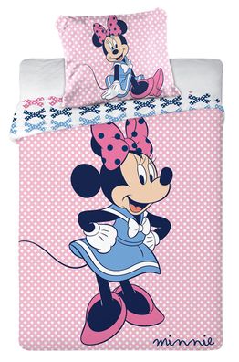 Disney Baby Bettwäsche Minnie Maus im blauen Kleid Schleife Punkte auf rosa Bett