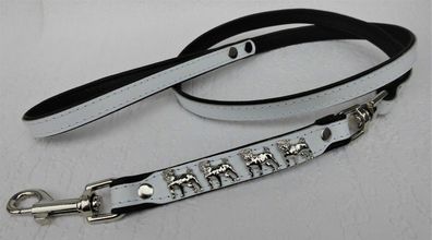 MOPS Hundeleine - Leine Metallaplikationen, Leder 125cm, Weiss-Schwarz (700)