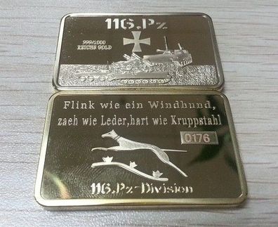 1 oz Kupfer Kupferbarren Medaille Windhund Panzer gilded