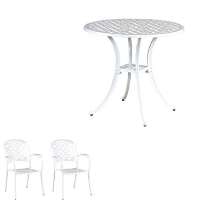 Inko 3-teilige Sitzgruppe Aluminium Guss weiß Tisch Ø 80 cm mit 2 Sesseln