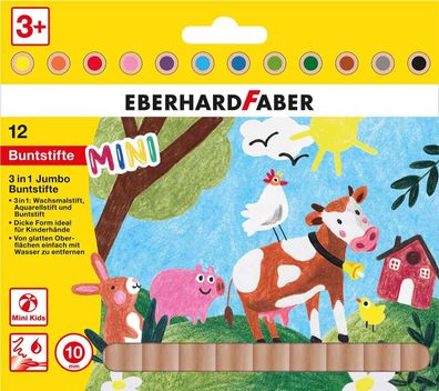 Eberhard Faber 518912 - Mini Kids Jumbo Buntstifte in 12 Farben, 3 in 1 mit Wachsm...