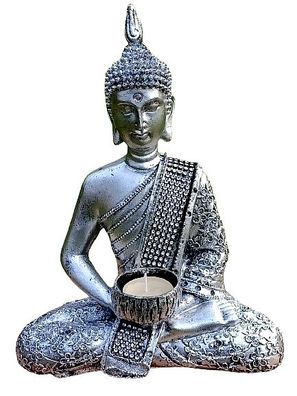 Buddha Kerzenhalter Dekofigur Thailand Buddhismus Teelicht Feng Shui silber