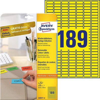 AVERY Zweckform L6037-20 Gelbe Etiketten (3.780 Aufkleber, 25,4x10mm auf A4, wiede...