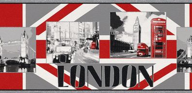 Rasch Bordüre 237702 Motiv London Grau, Rot, Weiß und Schwarz