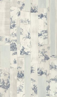 Rasch Tapete Vlies 516319 Holz mit Bildmotiven graubeige hellblau blau stylisch