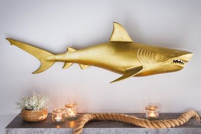 Wanddeko Haifisch 105cm SHARK gold Aluminium Maritim rechts Dekoration Hai