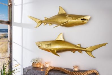 Wanddeko 2er Set Haifisch 70cm SHARK gold Aluminium Maritim Dekoration Hai