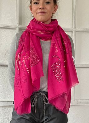 Edler XXL Schal Tuch weiche Viskose Fransen Metallic Leoprint Katzen Pink