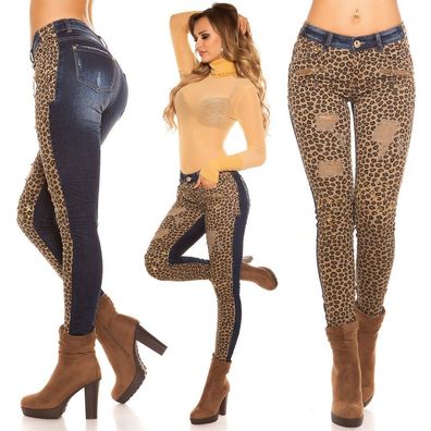 Sexy Damen Hüft Hose Jeans Röhre Leopard Stern Nieten Gold 32 34 36 38 40