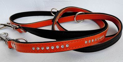 Hundeleine, Leine, 220cm/16mm Leder + Strass, Orange, Verstellbar(25.6.9.55)