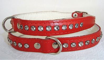 Hundehalsband - Halsband, Halsumfang 31-37cm, Leder + Strass Zirkonia + ROT