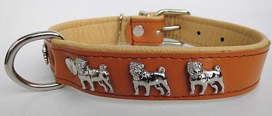 MOPS Hundehalsband - Halsband, Halsumfang 35-47cm/30mm, LEDER + Cognac (809)