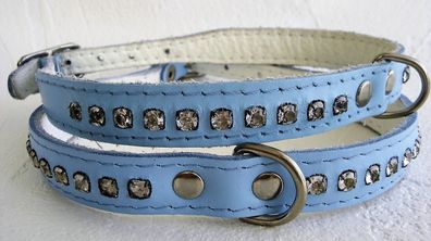 Hundehalsband - Halsumfang 23-28cm, Echt LEDER + Strass; BLAU; neu