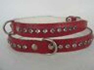 Hundehalsband - Halsband, Halsumfang 19-23cm, Leder + ROT + Strass (17-3-1-22)